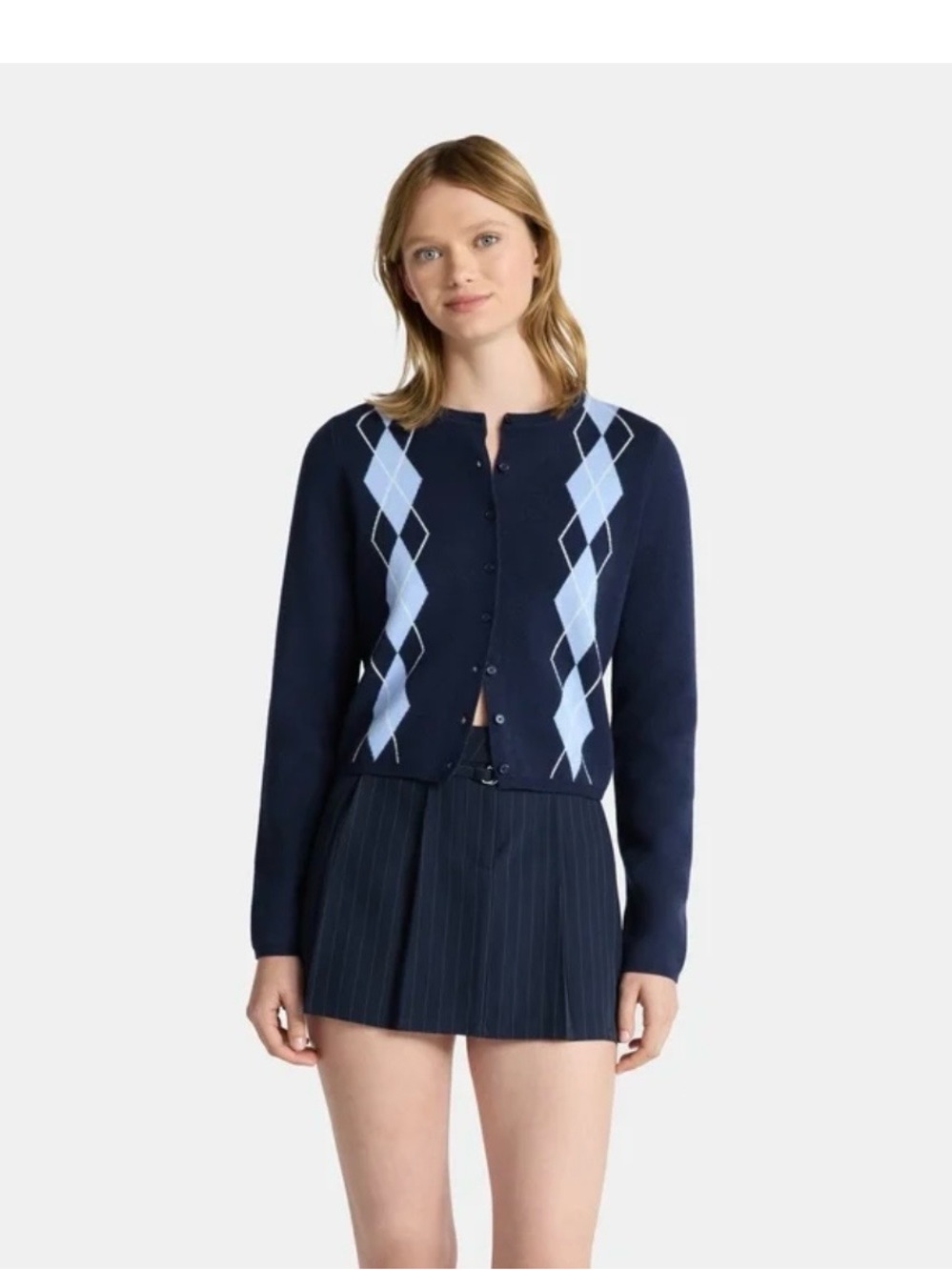 No Boundaries Navy Argyle Crewneck Cardigan Sweater size small